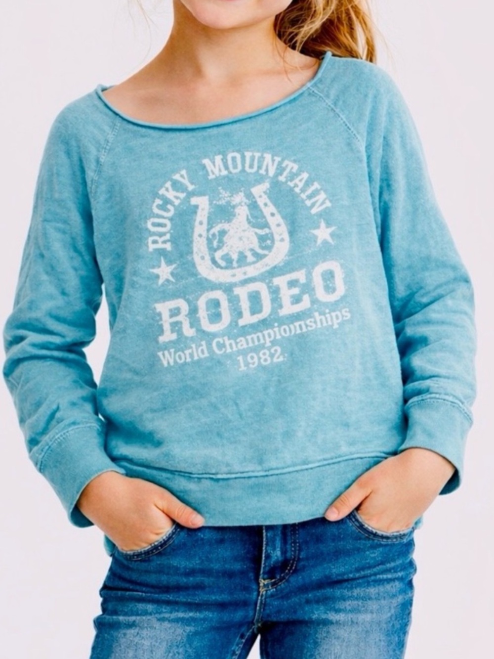 SCRAPBOOK Turquoise Rodeo Sweatshirt w Raw Hem - Picture 1 of 15